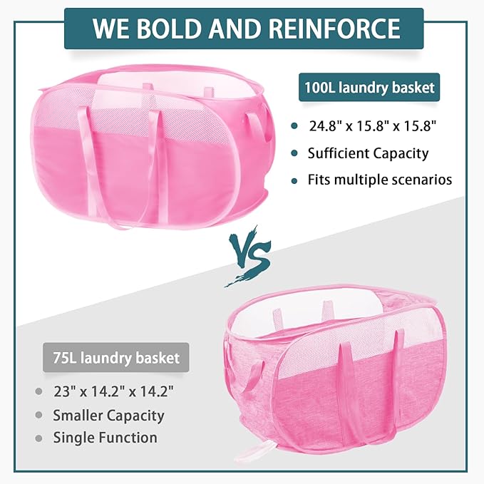 100L Collapsible Laundry Baskets, Tear Proof Pop Up Laundry Hamper with Dual Handles, Large Foldable Laundry Basket, Easy to Carry Laundry Hamper for Home, Laundry Room, Bedroom, Dorm, Travel Pink