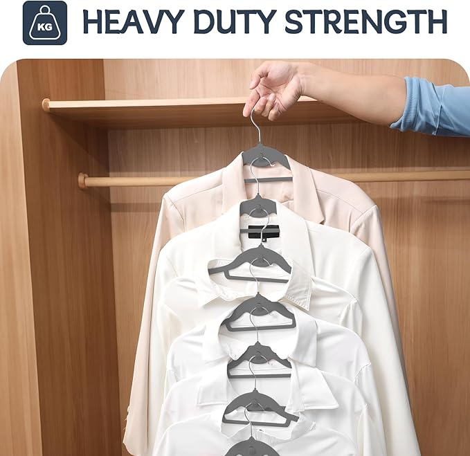 Velvet Hangers 50 Pack, Non Slip Stackable Clothes Hangers with Cascading Hooks, Ultra Thin and Space Saving Felt Hangers with Tie Bar, 360° Swivel Hooks, Heavy Duty for Suit Coat Shirt Pant- Gray