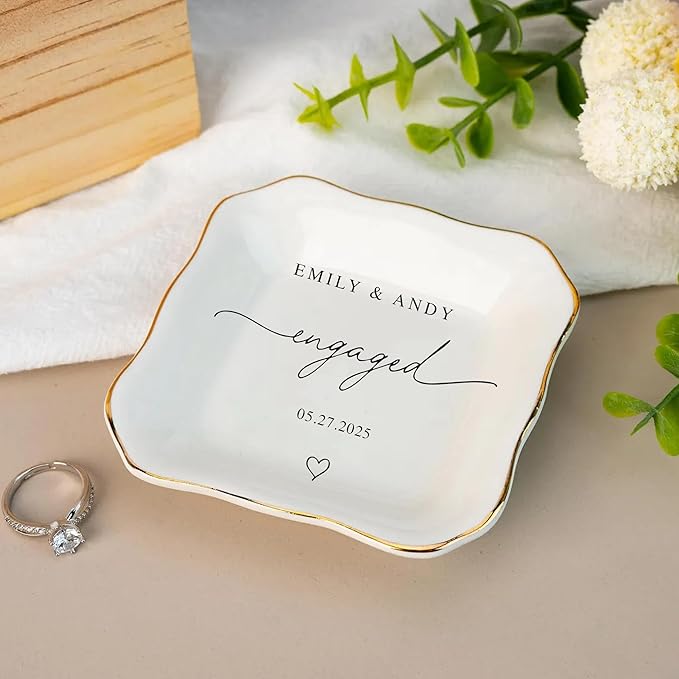 Custom Engagement Ring Holder Ring Dish, Custom Wedding Gifts for Couple, Bridal Shower Couple Jewelry Tray, Monogrammed Engagement Wedding Gifts for Bride 3