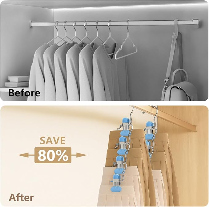 POZEAN Wider Leggings Hangers for Closet 60 Pack, Metal Pants Hangers with Clips, Non-Slip Skirt Boot Jeans Hanger, Stackable Closet Organizer Space Saving Blue