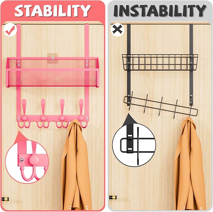 Over The Door Hooks Organizer, Coat Rack Over The Door Storage Hanger Towel Rack, Back of Door Storage Organizer for Bathroom,Bedroom,Kitchen,Office (Pink, 2-Tier)