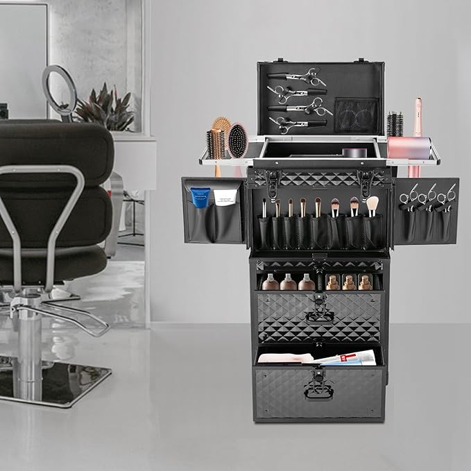 Rolling Lockable Makeup Train Case,Large Cosmetic Organizer Train Case Makeup Travel Case with 360° Swivel Wheels, Trolley Makeup Travel Organizer,Black