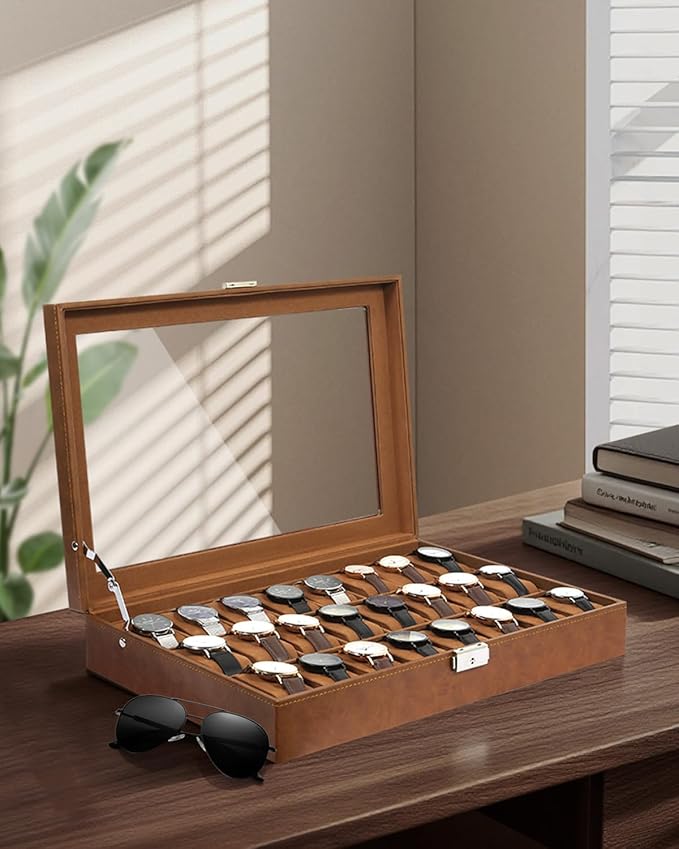Uten 24-Slot Watch Box, PU Leather Watch Case with Glass Lid, Watch Holder Organizer with Soft Pillow and Velvet Lining, Watch and Jewelry Storage Box, Brown