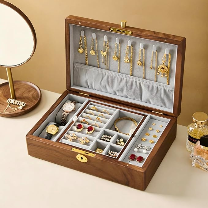 Bescott 2 Layer Solid Black Walnut Wooden Jewelry Box with Lock and Key for Women Wood Vintage Organizer for Men Earrings Rings Necklaces Bracelet Watch Storage Mother's Day Gift
