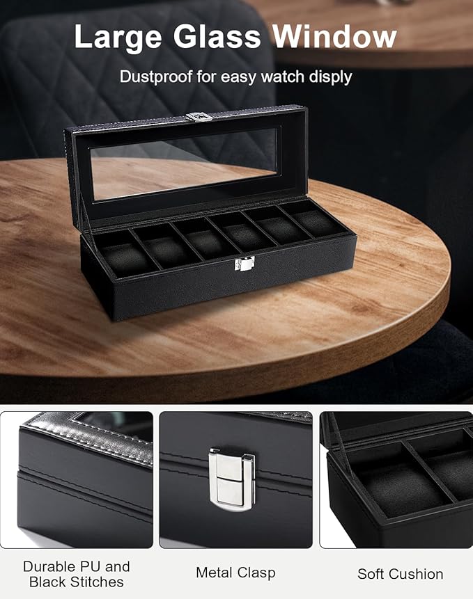 Uten Watch Box, 6 Slots Watch Case, Watch Organizer Jewelry Storage with Large Glass Lid, Black Lining, Watch Display Box for Men & Women Gift