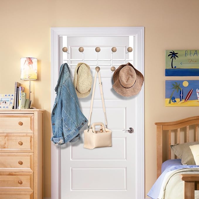 2 Pack Over The Door Hooks(7.1" H) with 10 Wooden Knobs, Over Door Hanger, Heavy Duty No Drill Hanger for Towels, Coats, Hats, Bags in Bathroom, Bedroom, Kitchen, Living Room