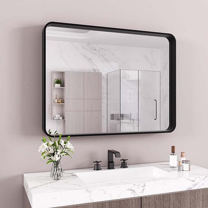 Black Bathroom Mirror 40X30 Inch, Black Metal Framed Mirror for Wall, Rounded Rectangle Matte Bathroom Vanity Mirror with Tempered Glass, Anti-Rust, Horizontal/Vertical