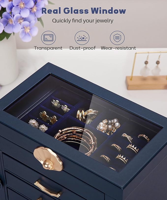 Jewelry Box with 3 Drawers: Display Organizer for Earrings Necklaces - Gifts for Girls Women (Dark Blue)