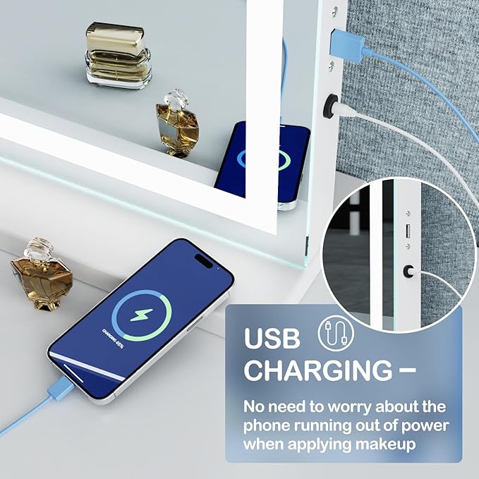 Makeup Vanity Mirror with USB Charging Port 28" x 22" Large LED Makeup Mirror, Desk Mirorr with Lights, Light up Mirror with 10X Magnification and, Dimmable 3 Modes, Touch Gold