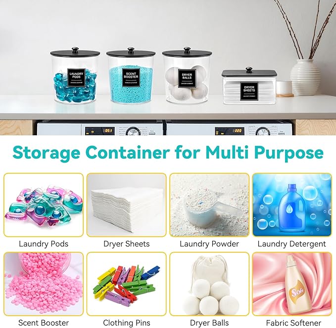 Laundry Pods Container & Dryer Sheet Holder, Laundry Room Organization and Storage Jars with Lids, Labels & Scoops for Powder Detergent Scent Booster, Black Lid