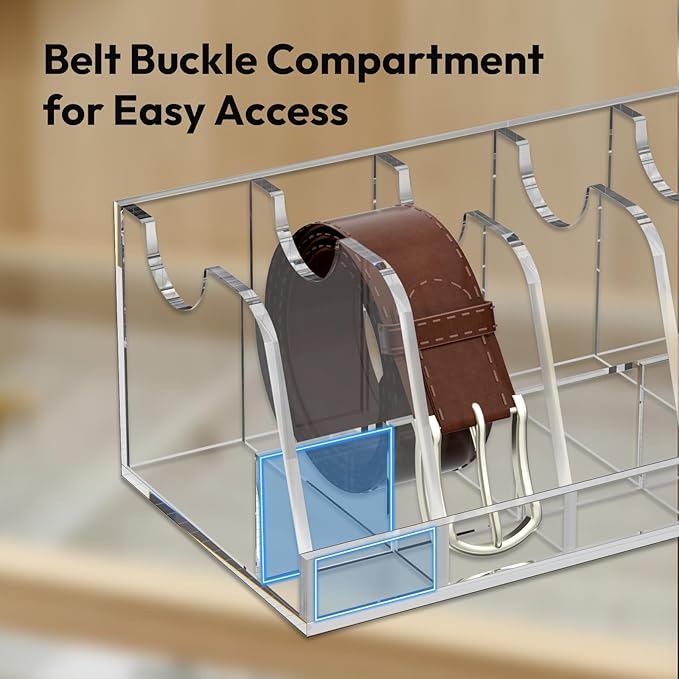 NIUBEE Belt Organizer - Acrylic Belt Storage Holder with 7 Compartments and Display Stand
