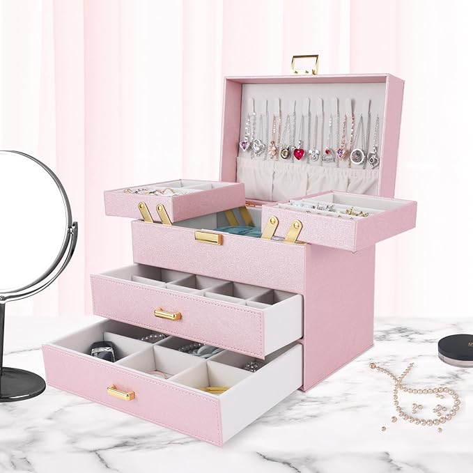 Dajasan Jewelry Boxes for Women Girls, Jewelry Storage Organizer, 4 Layers Large Jewelry Organizer Box with 2 Drawers for Friends, Wife or Mother Gift (Pink)
