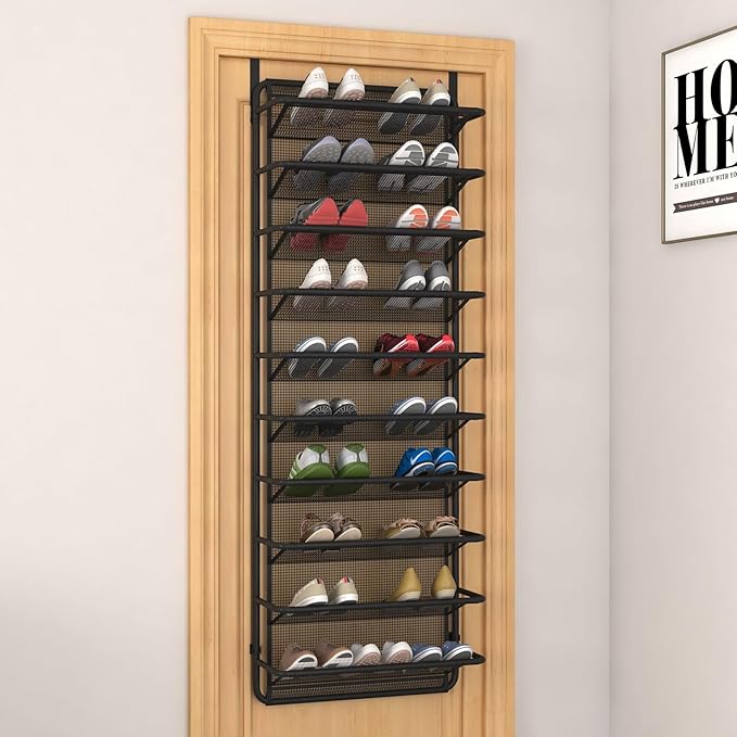 10 Tier Shoe Rack Over The Door Shoe Organizer Hanging Shoe Storage with Key Holder for Closet Pantry Wall Floating Shelves (10 Tier, Matte Black)