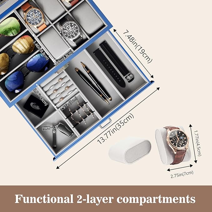 ProCase Lacquered Finish Wooden Men's Jewelry Box, 6 Slots Watch and Sunglasses Box Organizer for Men, 2-Tier Watch Holder Display Cases with Glass Top and Storage Drawer -Blue