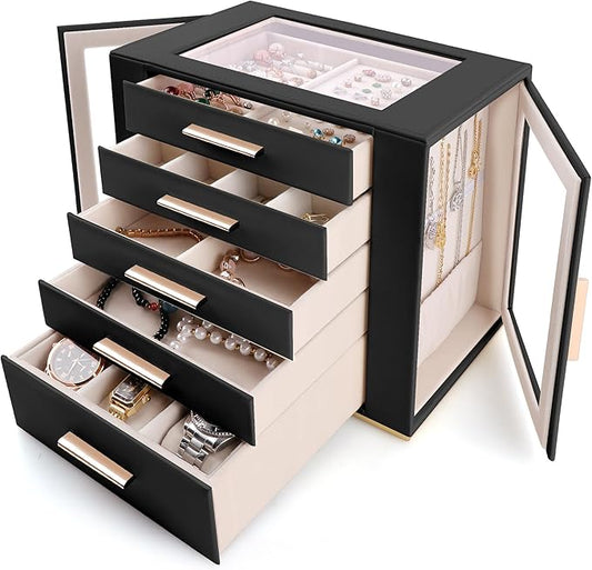 Homeanda Jewelry Box for Women with Glass Lid, 5 Drawers Jewelry Organizer and Storage for Necklaces, Rings, Earrings, Bracelets, Gift for Girls and Teens,PU Leather (Black)