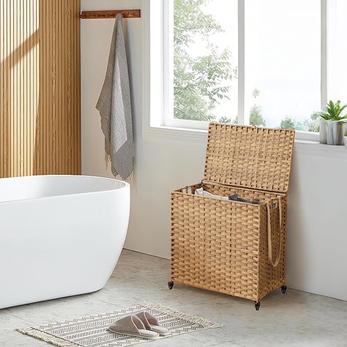 Laundry Hamper with Wheels, 39.6 Gallon(150L) Rolling Laundry Basket with Lid, Removable Large 2 Color Liners & 3 Mesh Laundry Bags, Clothes Hamper with Side Pocket, Natural