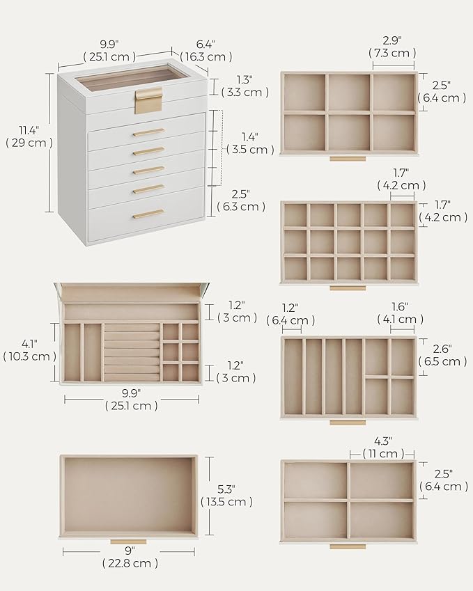 SONGMICS Jewelry Box Organizer with Glass Lid, 6-Layer Jewelry Storage, with 5 Drawers, Modern Style, 6.4 x 9.9 x 11.4 Inches, Cloud White and Gold Color UJBC171W01