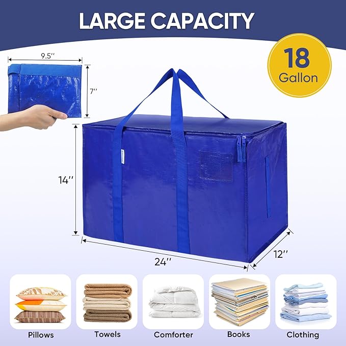 TICONN 8 Pack Extra Large Moving Bags with Zippers & Carrying Handles, Heavy-Duty Storage Tote Moving Boxes for Space Saving (8 PK, 18 Gallon)