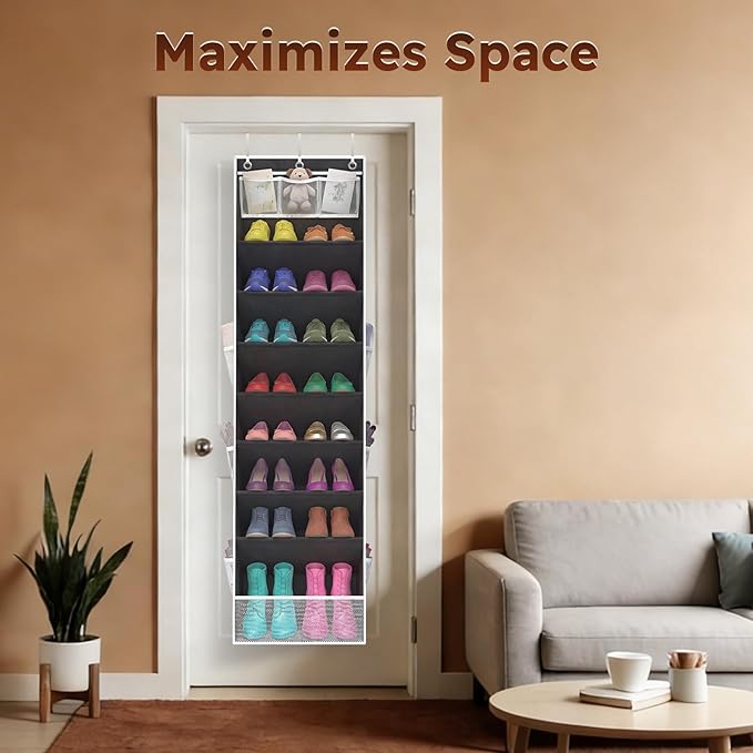 Over The Door Shoe Organizer - 8 Tier Hanging Shoe Organizer with Large Capacity Pockets, Shoe Organizer for Closet, Shoes Rack for Door, Fits 16-24 Pairs of Sneakers, Boots, Heels – Black