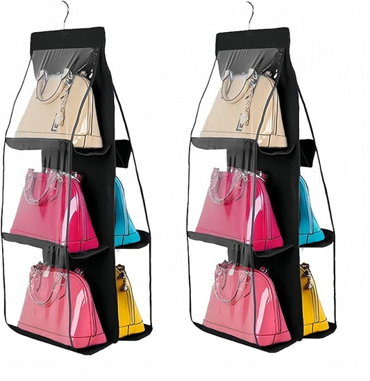 HAN SHENG 6 Pockets Clear Handbag & Purse Organizer Hanging Bag Storage - Space Saving Hanging Shelf for Closet, Wardrobe, Over Door (2 Pack, Black)