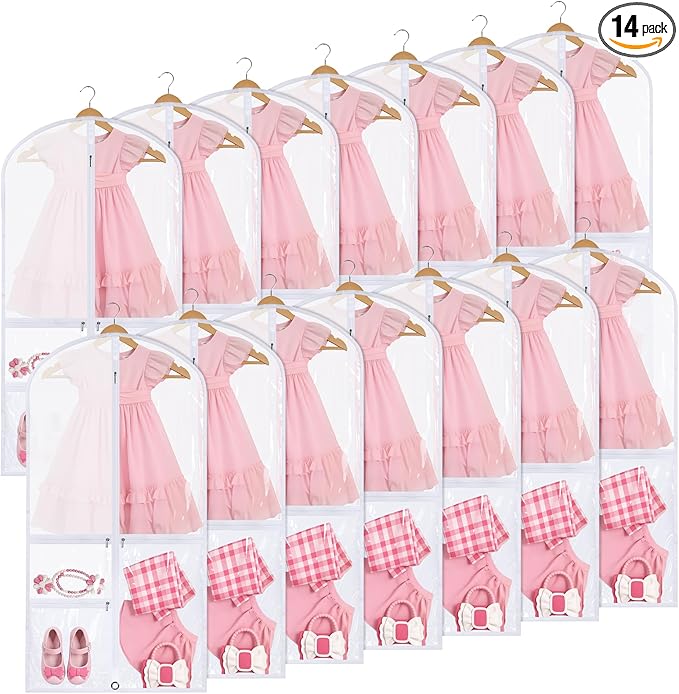 Geelin 14 Pcs Garment Bags for Dance Costumes PVC Clear with Zippers 20 x 40 Inch Garment Bag with Pockets Dance Costume Organizer Carrier for Storage Cover for Adult (White)