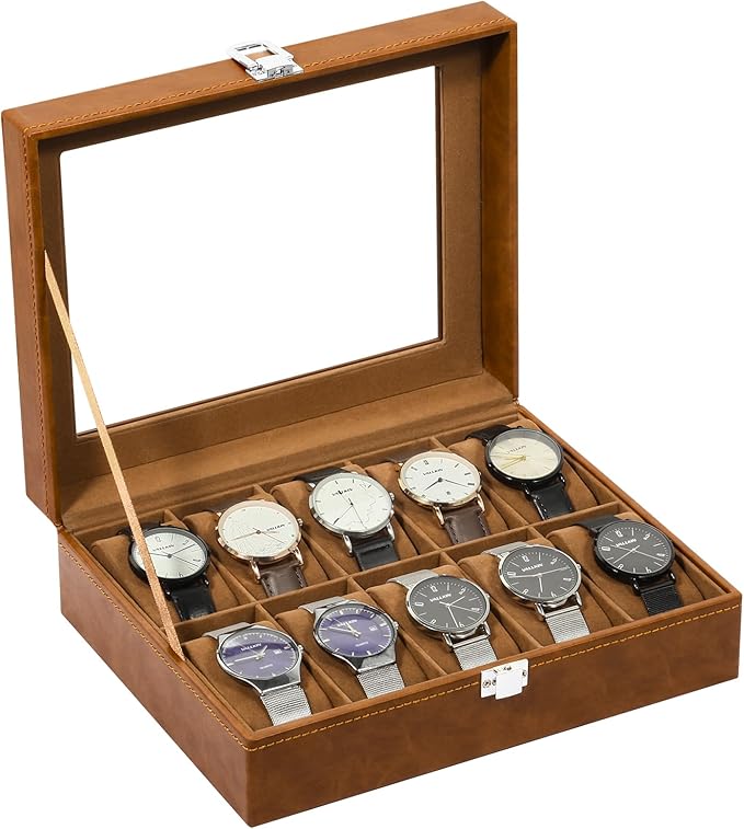 Uten 10-Slot Watch Box, PU Leather Watch Case with Glass Lid, Watch Holder Organizer with Soft Pillow and Velvet Lining, Watch and Jewelry Storage Box