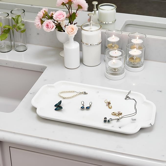 Marmor 100% Natural Marble Bathroom Tray for Perfume, Candles, Jewelry Stone Vanity, Bathroom & Kitchen Counter Organizer and Home Decor (Calacatta White)