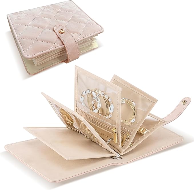 Velvet Travel Jewelry Organizer Book with Zipper Pouches – Anti-Tarnish, Scratch-Proof Jewelry Storage for Rings, Necklaces, Earrings, Bracelets – Portable Soft Case for Women (Pink)