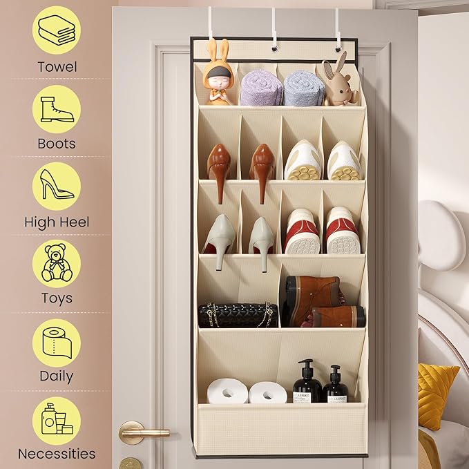 Over the Door Shoe Rack with Large Deep Pockets, Door Shoes Organizer for Closet, Hanging Boots Shoe Rack, Behind the Door Narrow Shoe Holder, Multiple Pockets for Flexible Storage, Beige ﻿