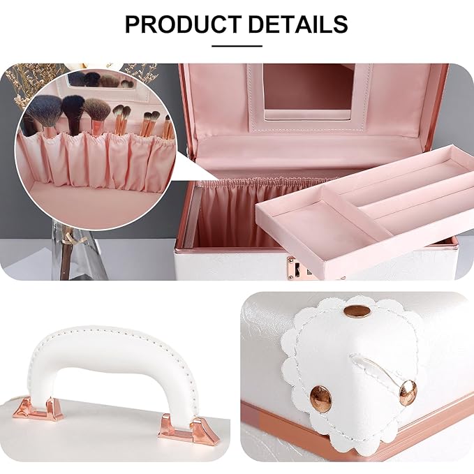 urecity Vintage Makeup Train Case with Rose Gold Hardware, White Embossed Pattern, Combination Lock Security, Portable Cosmetic Storage Box with Handle