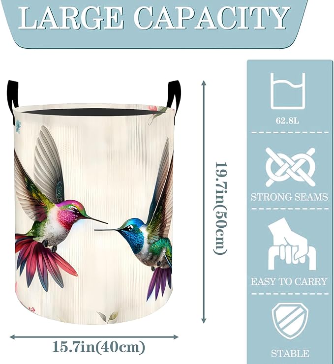 Elegant Floral Hummingbird Couple Laundry Basket, Dirty Collapsible Clothes Toy Organizer Hamper for Kids Adults, Oxford Cloth Waterproof Storage Bin for Bathroom Home Decor Gifts, 19.7"X15.7"
