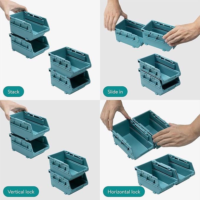 Navaris Storage Bins - Interlocking Plastic Van Boxes - Wall Mounted Compartments for Screws Nails Small Tool Parts - Workshop, Garage, Drawer Shed Bolt Organizer - 3 Bins & 1 Rail