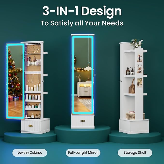 HNEBC LED Jewelry Cabinet Standing, Full Length Mirror with Storage/3 Color Adjustable LIghts, Jewelry Armoire has 3 Photo Frames/4 Shelfs/1 Drawer,Space-Saving Organizer,Christmas Gifts for Women