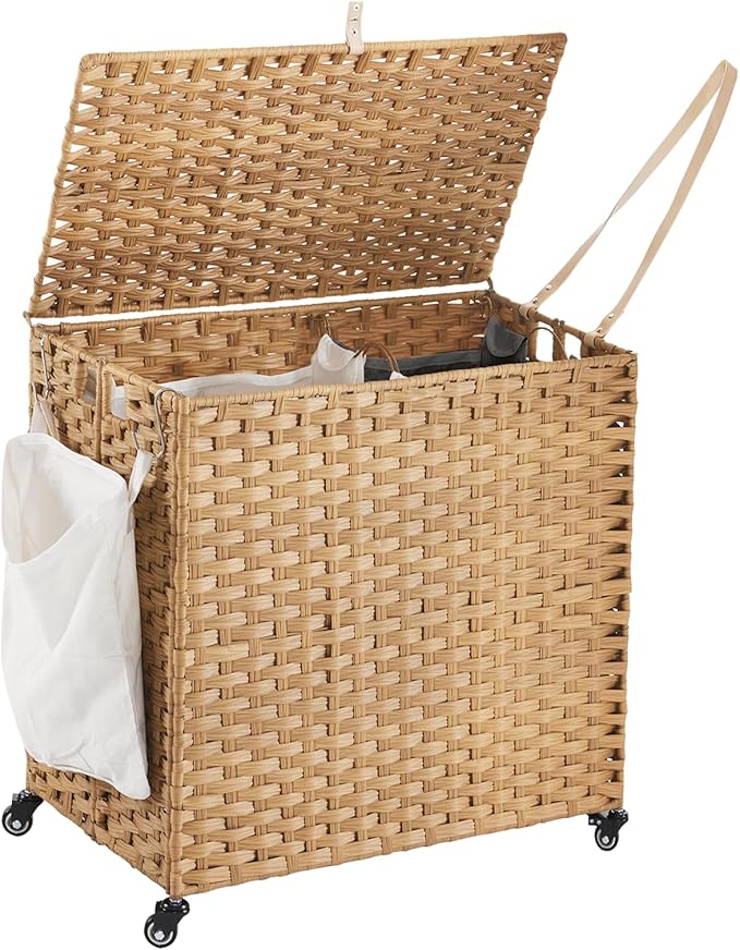Laundry Hamper with Wheels, 39.6 Gallon(150L) Rolling Laundry Basket with Lid, Removable Large 2 Color Liners & 3 Mesh Laundry Bags, Clothes Hamper with Side Pocket, Natural