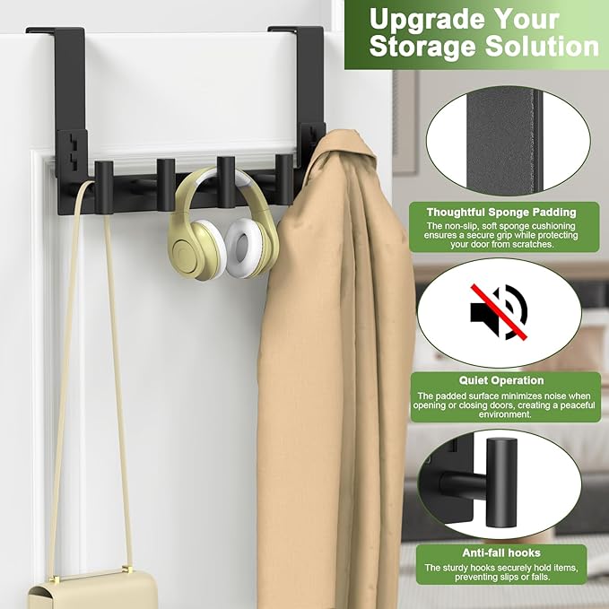Stainless Steel Over Door Hooks, Over Door Hanger Holder for Robe Cloths, Heavy Duty Towel Hooks, Coat Rack, Doors Organizer for Bathroom, Bedroom, Locker Room & Closet (1 Pack, Black)