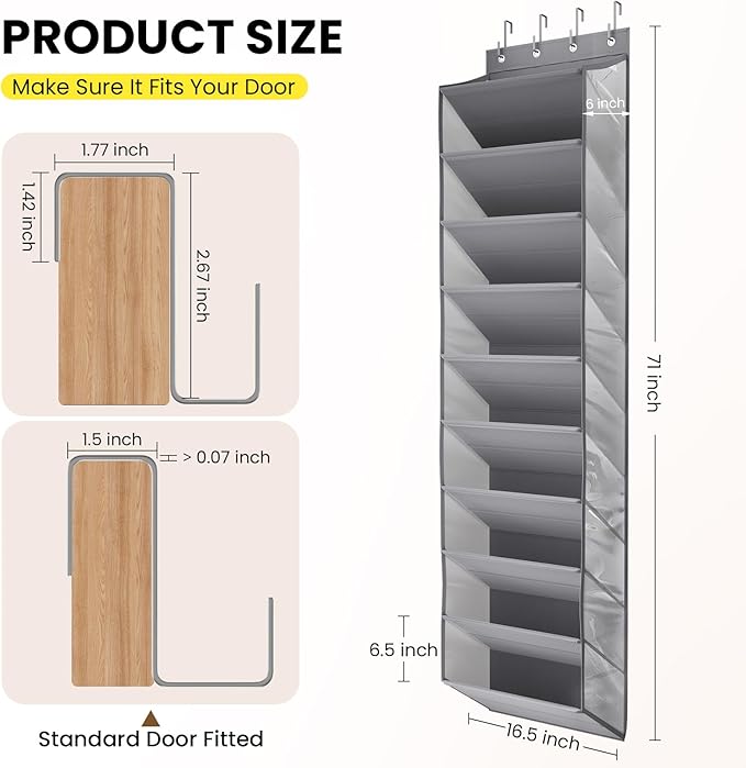 10 Tier Clear Over the Door Shoe Organizer with Deep Pockets, Door Shoes Rack with Hard Tube to Keep the Shape, Hanging Shoe Rack for Closet Organizers & Storage, Behind Door Shoe Holder Grey