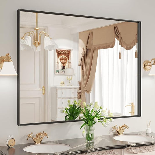 LOAAO Black Bathroom Mirror 48"X36" for Wall, Rectangle Bathroom Vanity Mirror, Tempered Glass, Hangs Vertically or Horizontally, Easy to Install, Modern Design