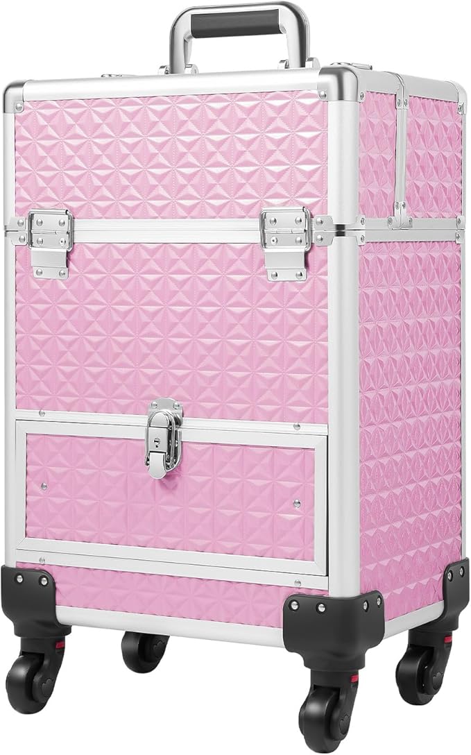 Rolling Makeup Train Case Large Cosmetic Trolley Nail Bag Organizer Professional Manicure Tool kit Portable Manicure Storage Case with Swivel Wheels 4 Tray and Sliding Rail (Pink)