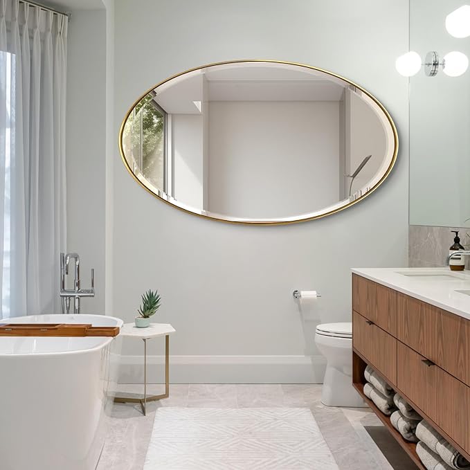 POZINO Brushed Gold Beveled Mirror, 28"x48" Large Brass Oval Mirrors, Bathroom Mirror for Over Sink, Modern Rounded Vanity Wall Mirrors in Premium Stainless Steel Frame, Hangs Horizontal Or Vertical