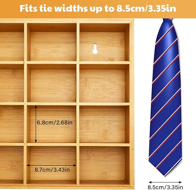 Wesiti Tie Box Organizer Wall Mounted Tie Rack with 16 Compartments Bamboo Belt Holder for Men Scarf Necktie Home Wall Closet(Wood Color,2 Pieces)