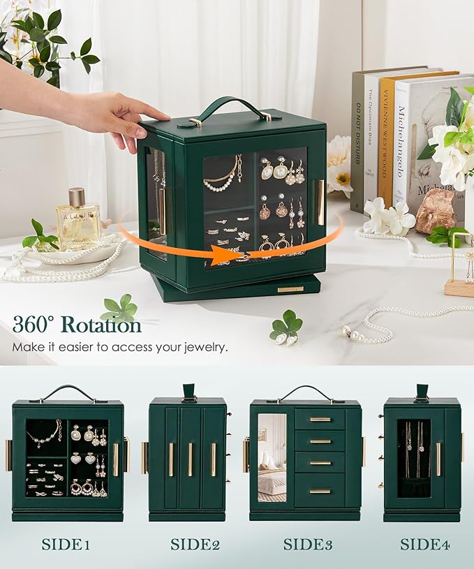 Homde Valentine's Day gifts Jewelry Box 360° Rotating, Necklace Earring Organizer with Transparent Window, Mirror, 7 Drawers, Large Ring Display Storage Case for Girls Women (Forest Green)