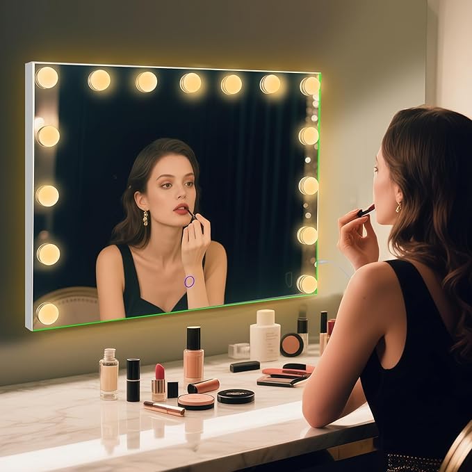 Hollywood Vanity Mirror with Lights, 23"x18" Lighted Makeup Mirror with 10x Magnification for Desk/Wall Mount, 15 Led Bulbs, 3 Lighting Modes for College Dorm, Bedroom, Dressing Room (White)