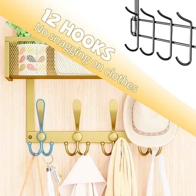 Over The Door Hooks Organizer,Over Door Hanger Towel Rack Mesh Basket with 12 Hooks,Back of Door Storage Organizer for Bedroom,Bathroom,Kitchen,Office(Gold)