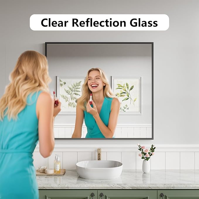 Bathroom Mirror 36"x40" Matte Black Rectangle Bathroom Wall Mirror for Over Sink, Modern Large Vanity Mirror, HD Tempered Glass, Anti-Rust Aluminum Alloy Frame, for Living Room, Bedroom, Entryway