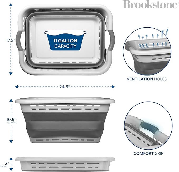 BROOKSTONE, 1 UNIT, 11 GALLONS - [OUR LARGEST BASKET EVER] 24" Collapsible Laundry Basket, Comfort Non-Slip Grip Handles, Minimalist Space Saving Design, Portable Pop-Up Hamper, [BPA FREE]