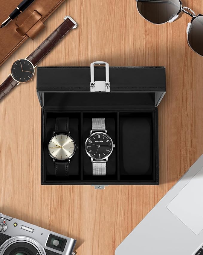 Uten 3-Slot Watch Box, PU Leather Watch Case with Glass Lid, Watch Holder Organizer with Soft Pillow and Velvet Lining, Watch and Jewelry Storage Box, Black