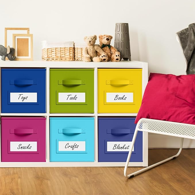 10 Pcs Fabric Storage Cubes with Labels 13 Inch Collapsible Cube Organizer Baskets with Window Cards for Shelf Nursery Clothes Book Toys Storage Bin(Candy)