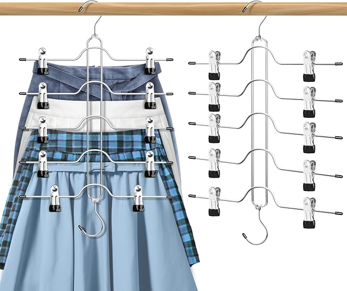 Skirt Hangers Space Saving for Woman, Jadkysarh 5 Tier Pants Organizer Hanger with Adjustable Clips Closet Organizer and Storage for Jeans, Leggings, Short - 2 Pack, Black