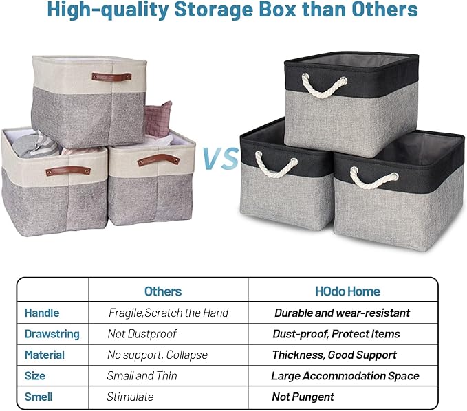 HOdo Home Fabric Storage Bin with Drawstring Closure and 2 Bold Handles, Collapsible Large Canvas Storage Baskets for Organizing Shelf Nursery Home (Black and Grey, 15.8L×11.8W×9.5H - 3Pack)