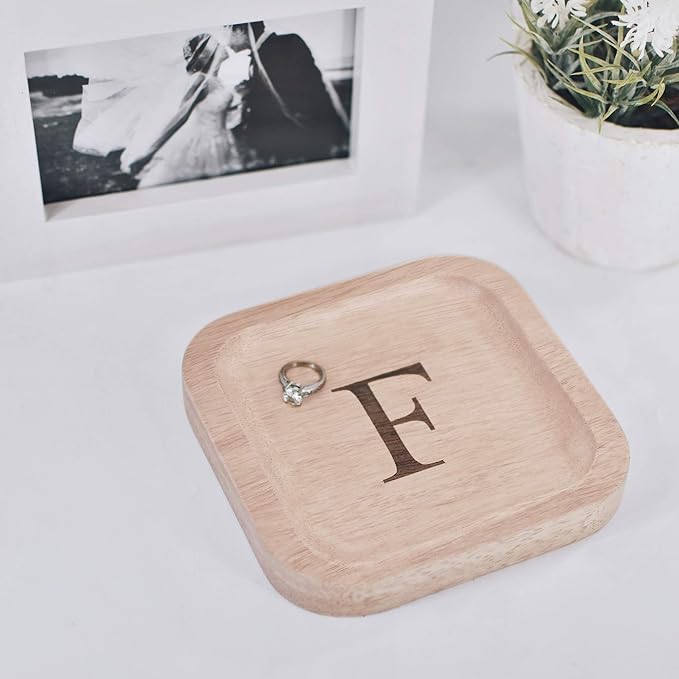 I'm Wooden Personalized Letter Catchall Valet Tray Trinket Dish Jewelry Tray Key Bowl Decorative Plate Organizing Ring Earrings Necklaces Bracelet Watch Coins Wallet Holder (6"x6" Sq Natural F)